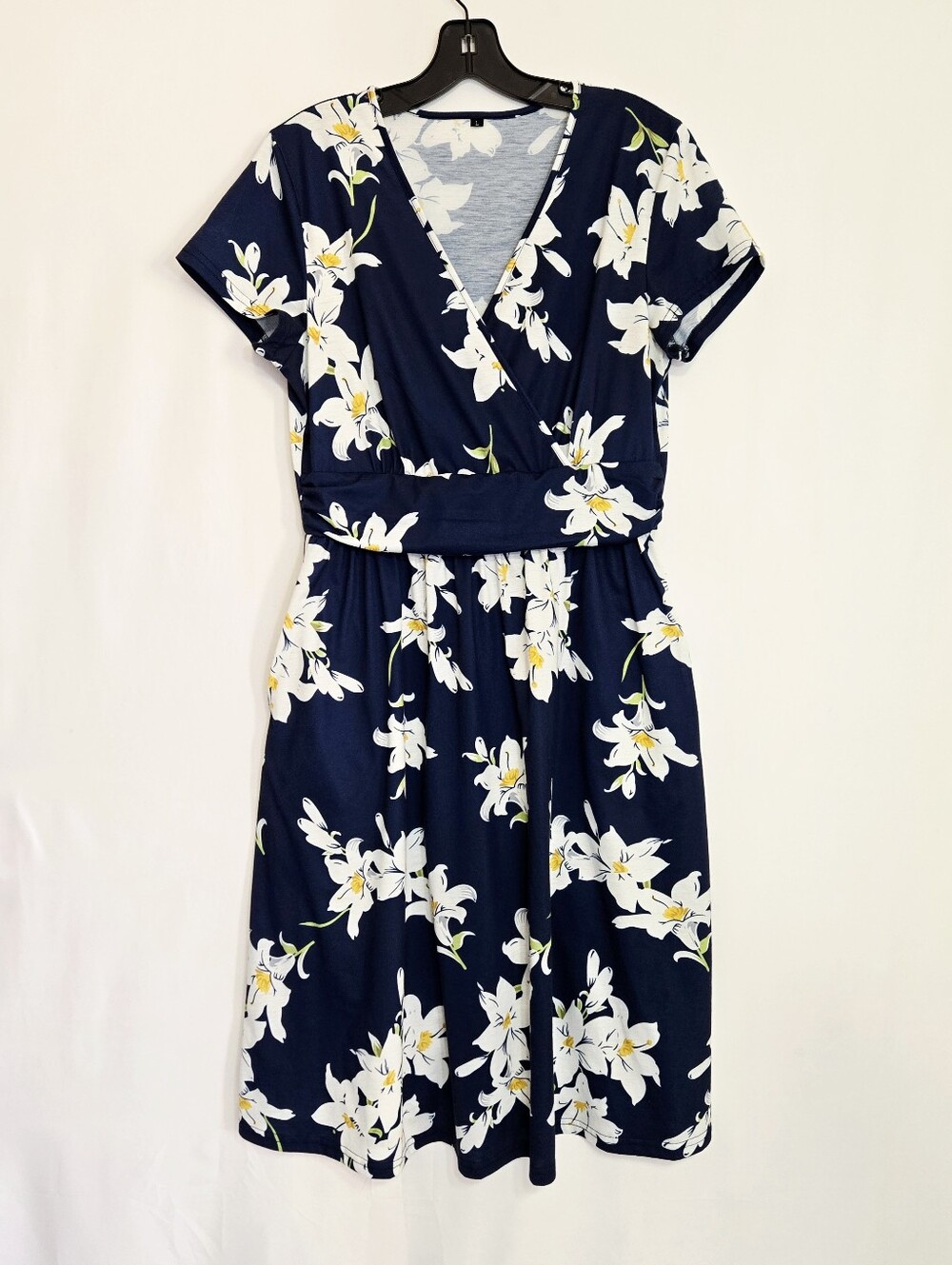 Women’s Large Navy Floral Midi Dress Surplice V Neck Fit & Flare